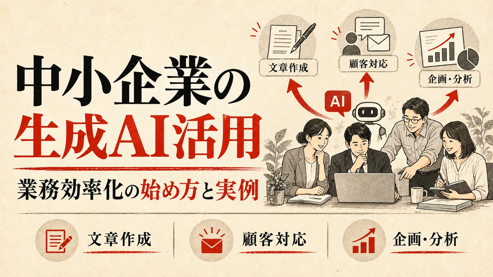【2026年版】中小企業の生成AI活用完全ガイド｜業務効率化の始め方と事例 アイキャッチ