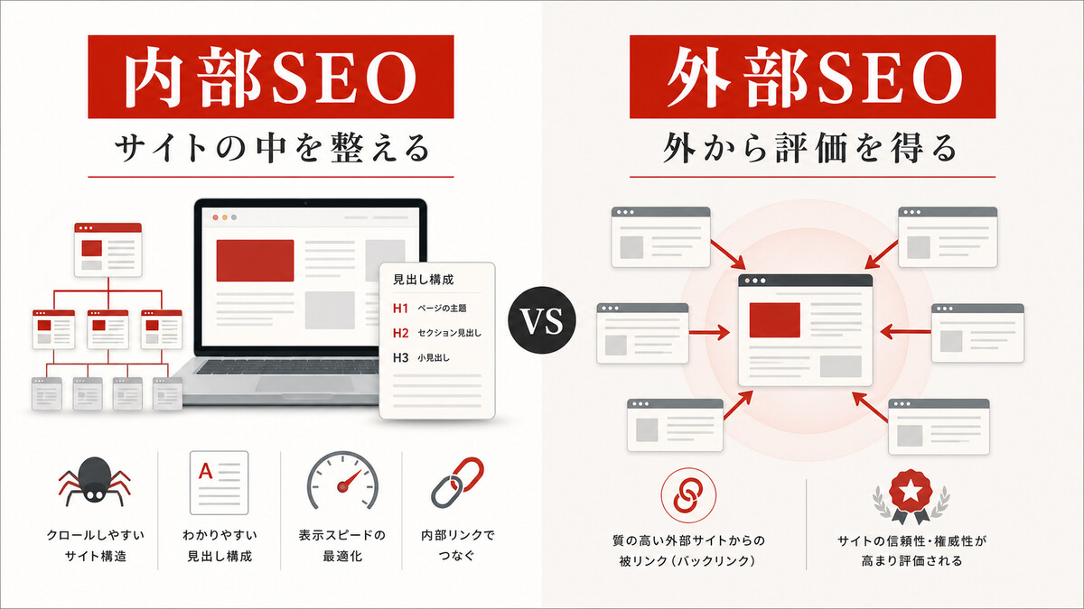 内部SEOと外部SEOの違いを示す図解｜達人ラボ