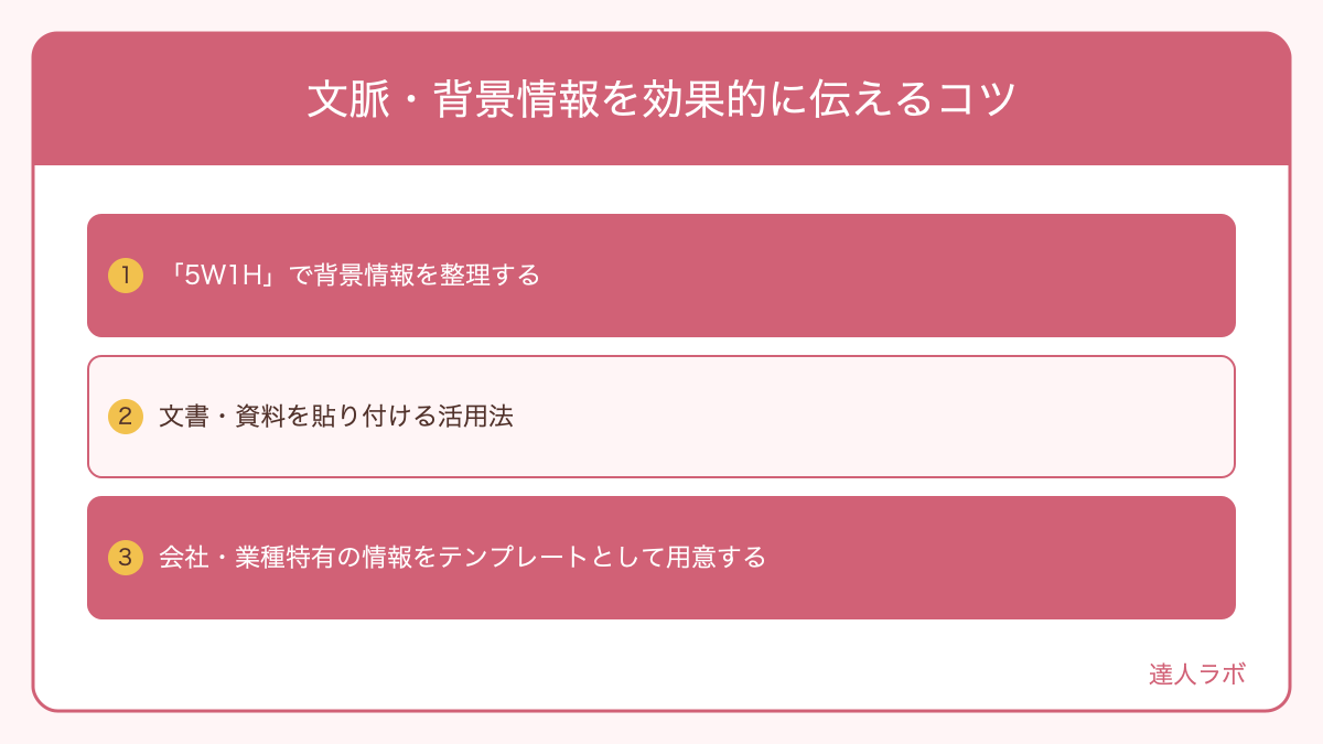 文脈・背景情報を効果的に伝えるコツを整理した図解(達人ラボ)