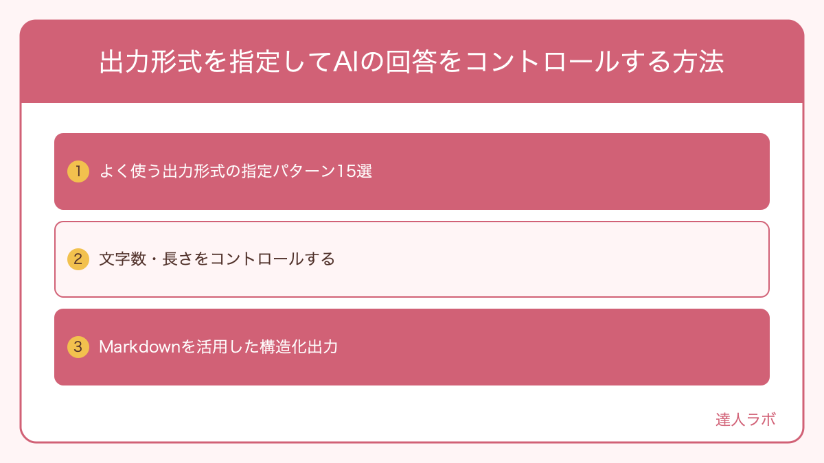 出力形式を指定してAIの回答をコントロールする方法を整理した図解(達人ラボ)