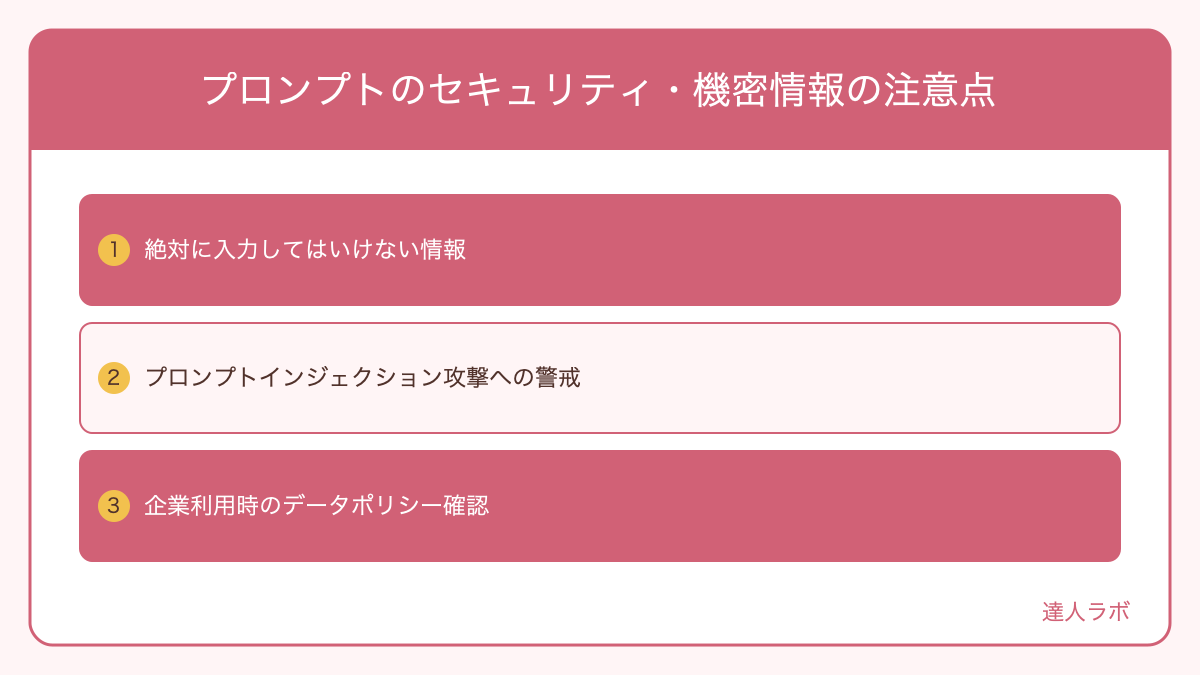 プロンプトのセキュリティ・機密情報の注意点を整理した図解(達人ラボ)
