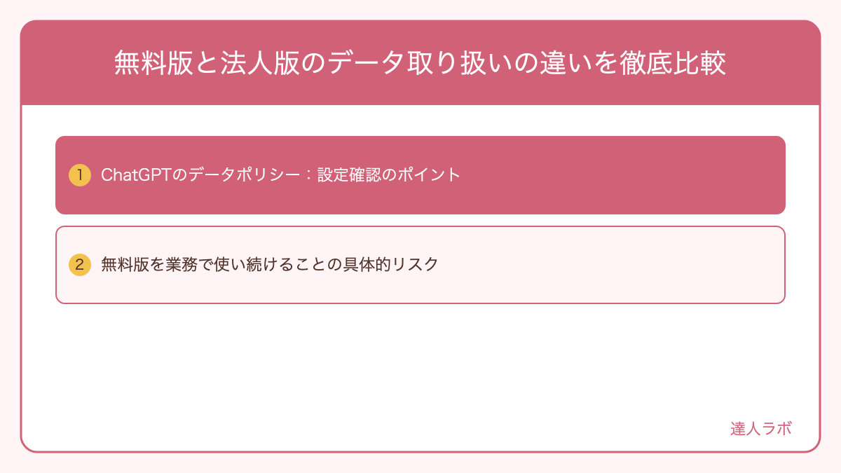 無料版と法人版のデータ取り扱いの違いを徹底比較を整理した図解（達人ラボ）