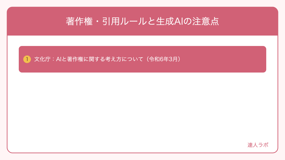 著作権・引用ルールと生成AIの注意点を整理した図解（達人ラボ）
