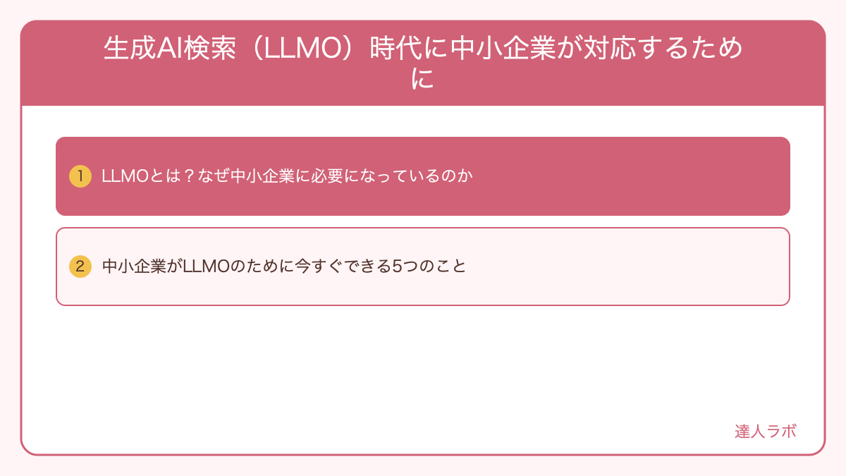 生成AI検索（LLMO）時代に中小企業が対応するためにを整理した図解（達人ラボ）