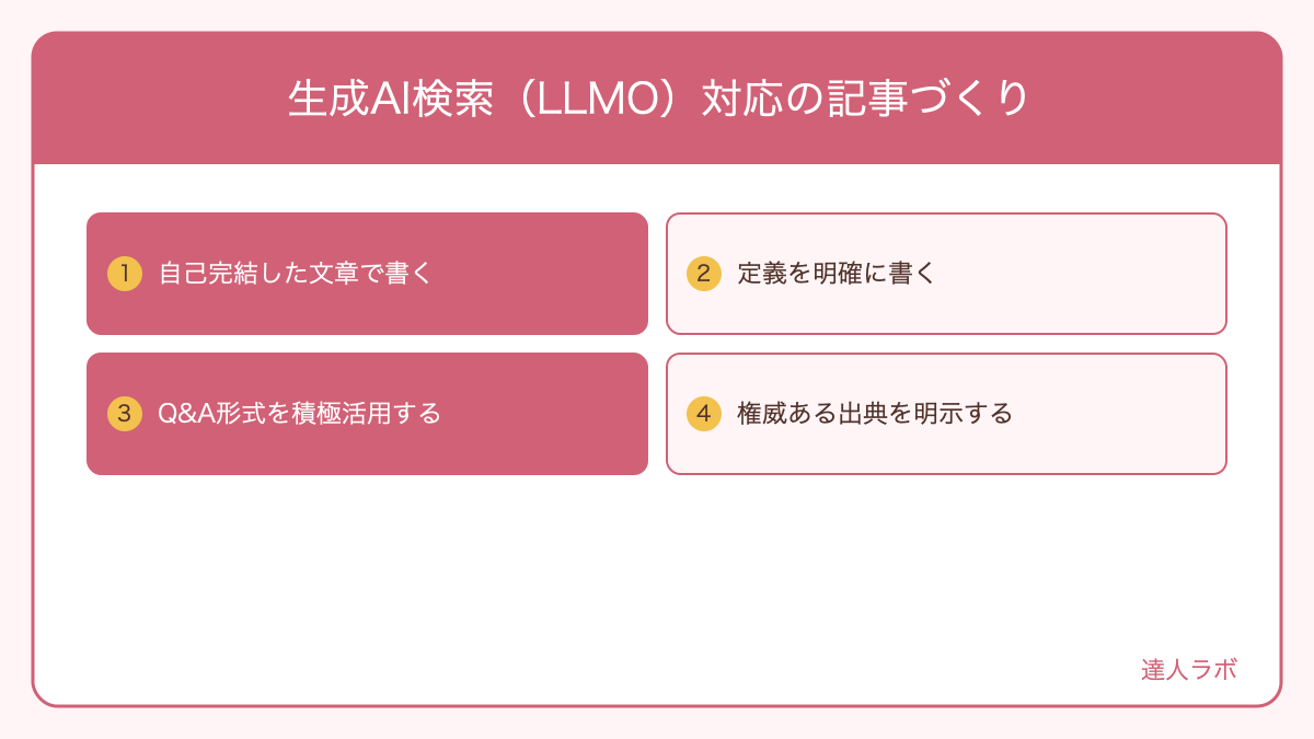 LLMO対応記事の設計ポイントを示す図解(達人ラボ)
