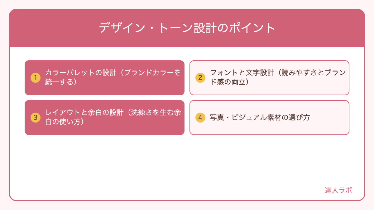 コーポレートサイトのカラーパレット・フォント・レイアウト設計の例示図解(達人ラボ)