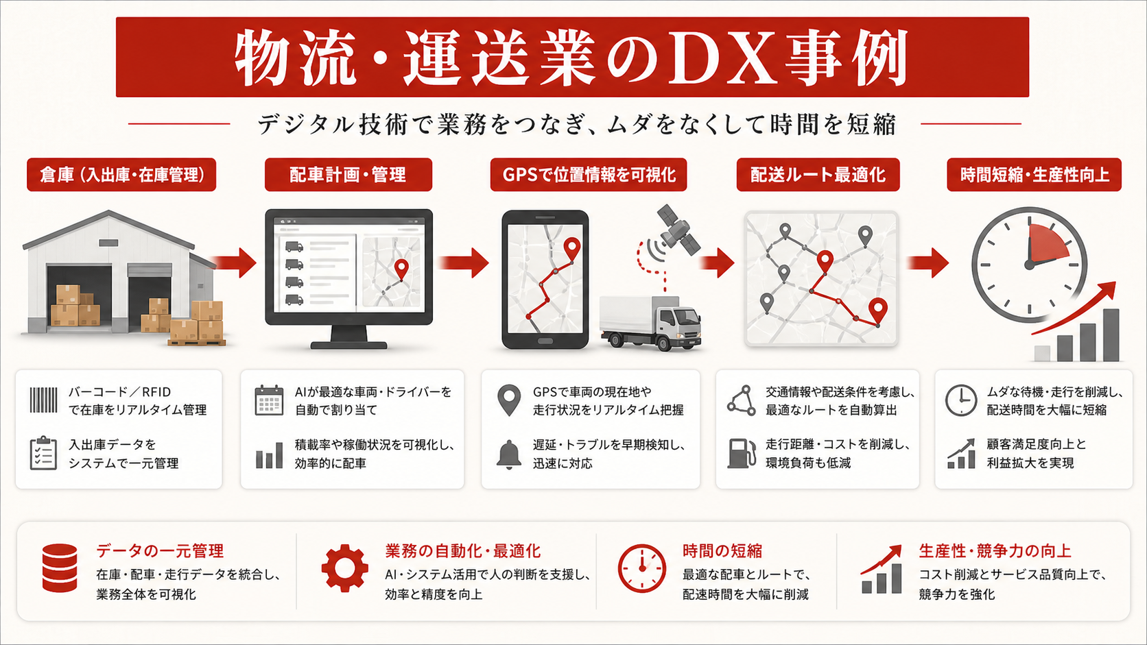 物流・運送業のDX事例を示す図（達人ラボ）
