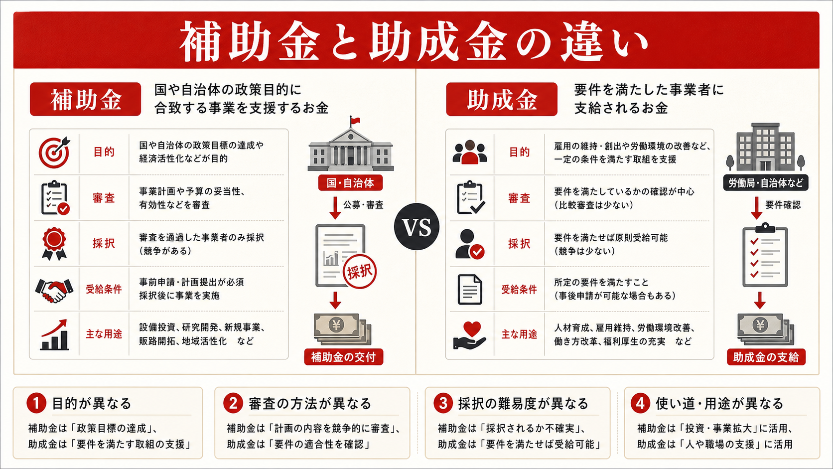 補助金と助成金の違いを示す表(達人ラボ)