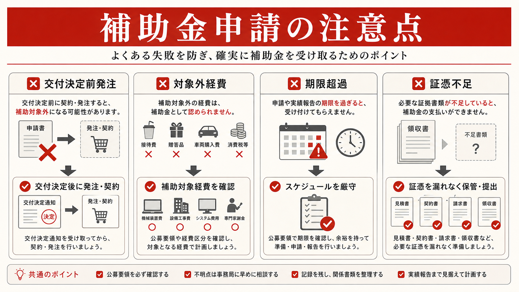 補助金申請の注意点を示す図(達人ラボ)