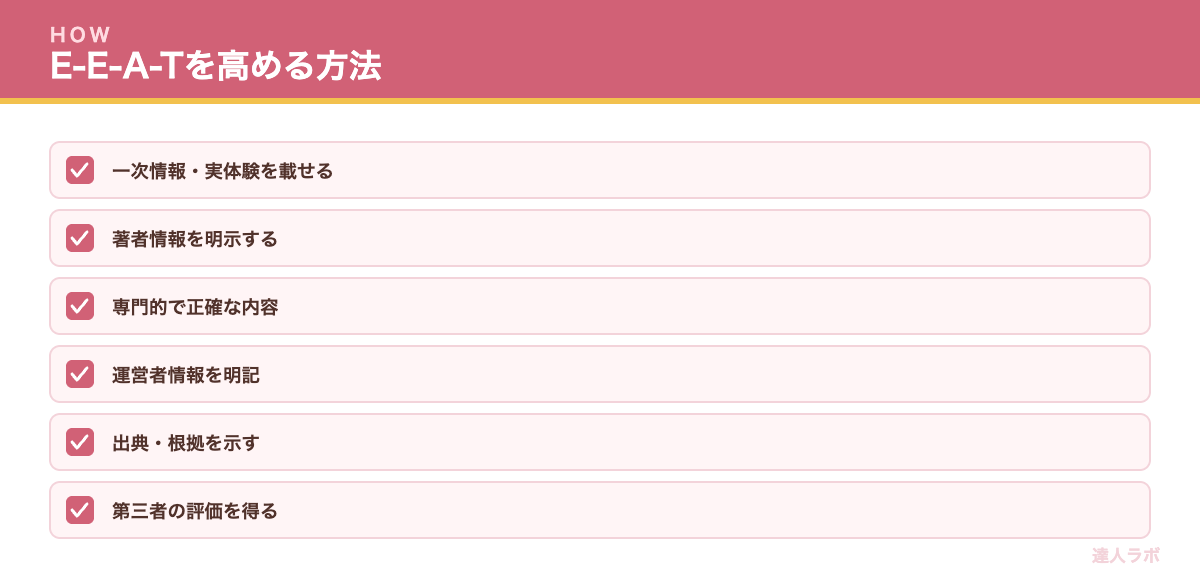 E-E-A-Tを高める方法を示すチェックリスト(達人ラボ)
