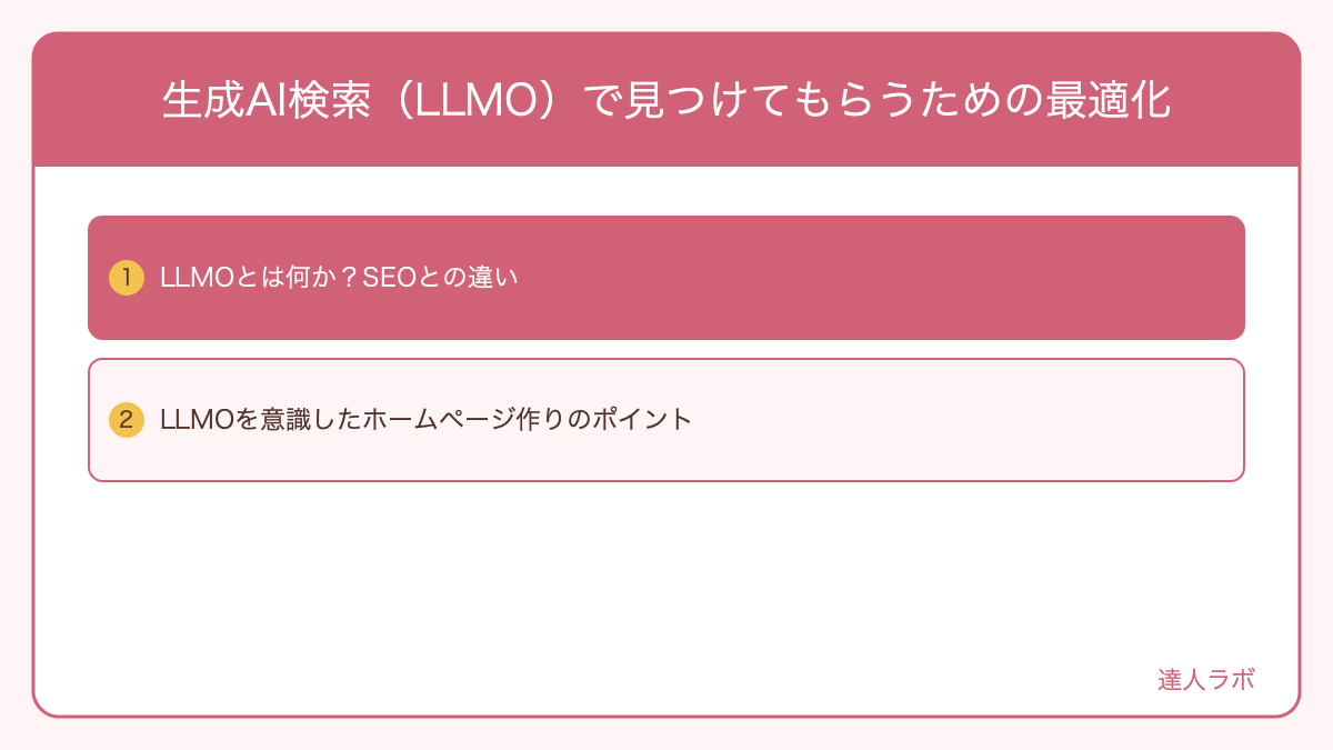 生成AI検索(LLMO)とSEOの関係を示す図解(達人ラボ)