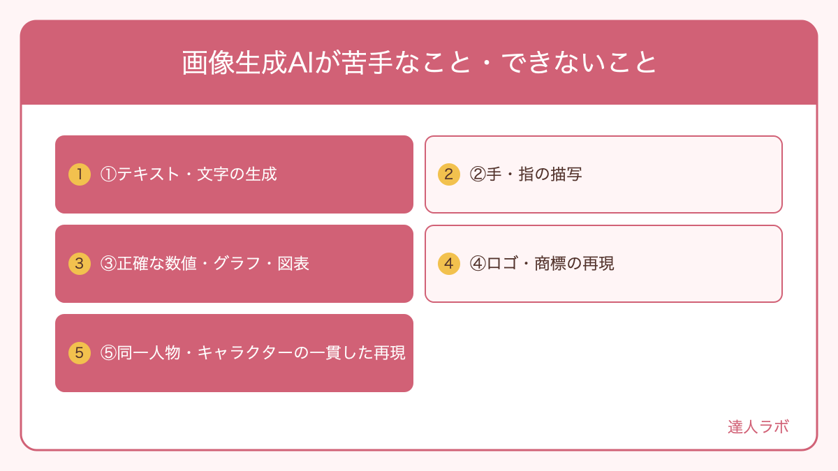 画像生成AIが苦手なこと・できないことを整理した図解（達人ラボ）