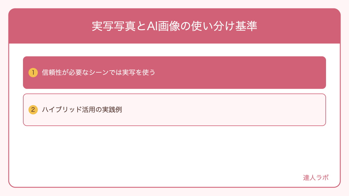 実写写真とAI画像の使い分け基準を整理した図解（達人ラボ）