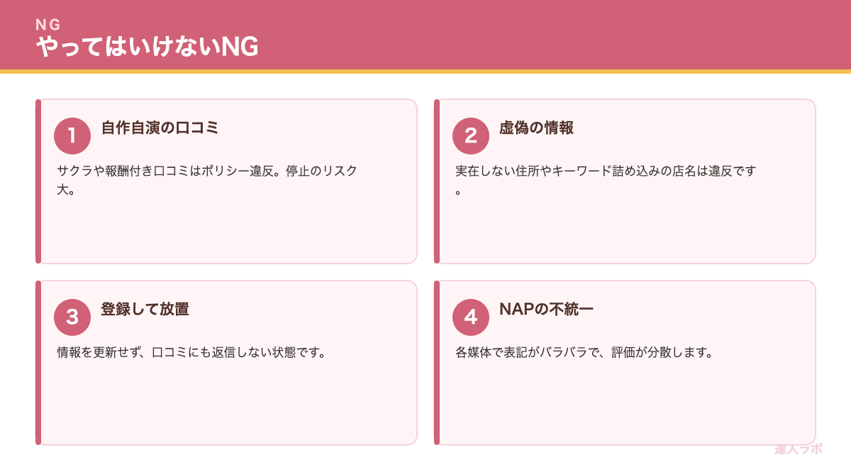 ローカルSEOでやってはいけないNG行為を示すカード図解（達人ラボ）