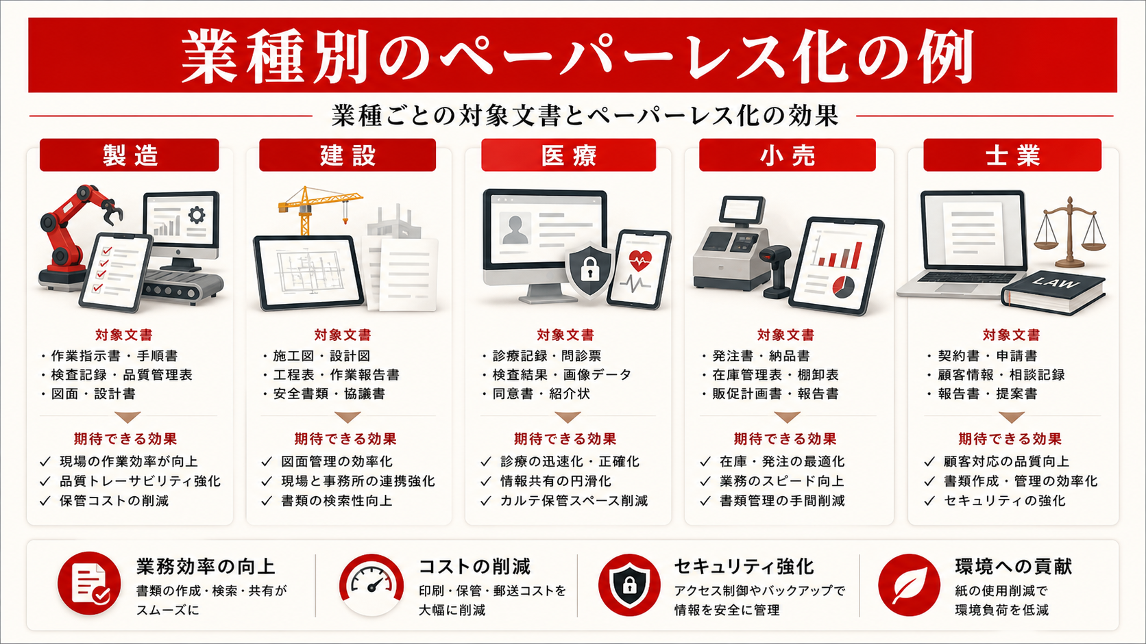 業種別のペーパーレス化の例を示す表(達人ラボ)