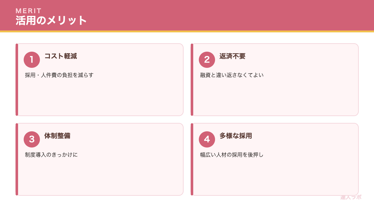助成金活用のメリットと注意点を示す表（達人ラボ）