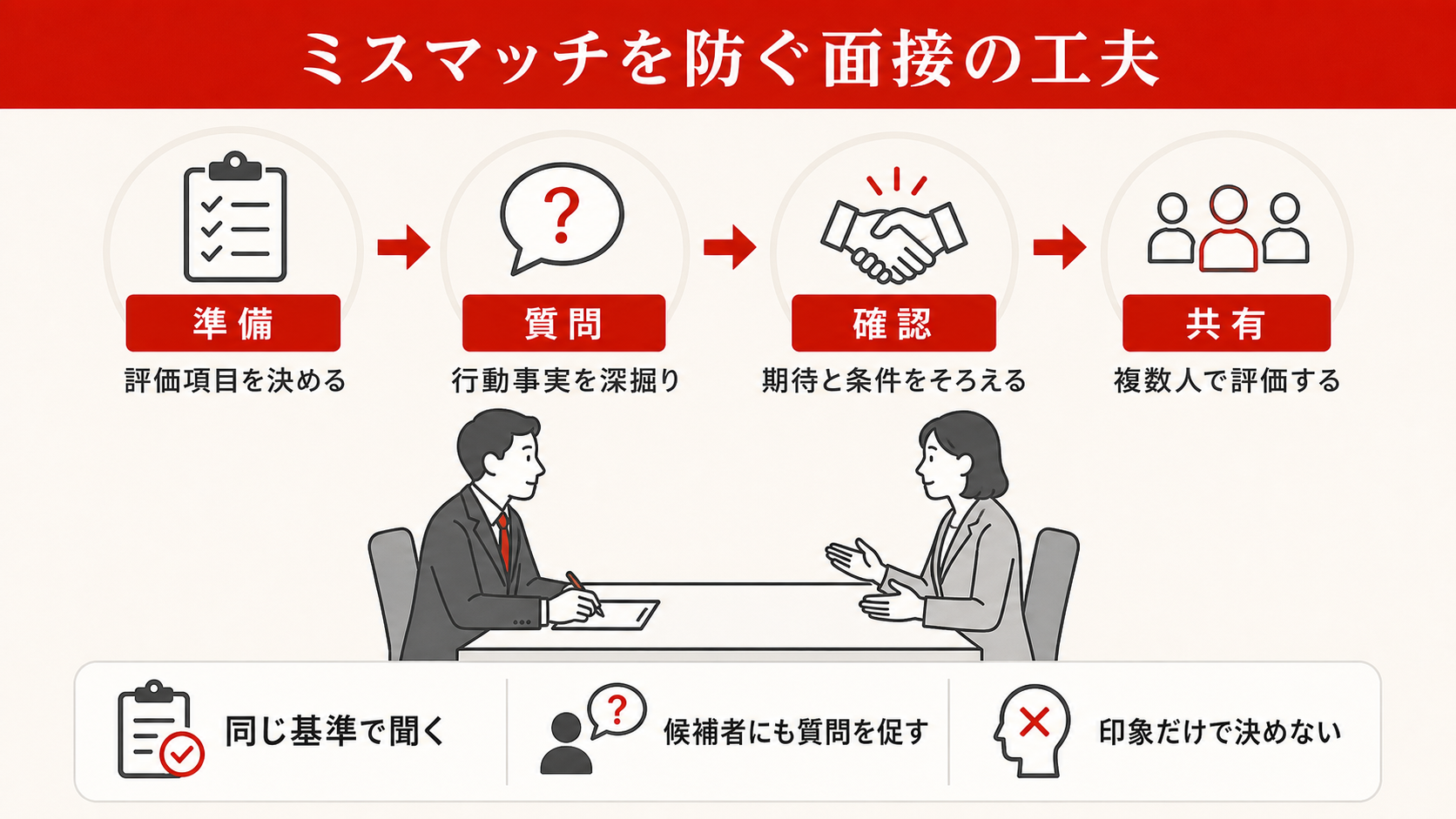 ミスマッチを防ぐ面接の工夫を示す図（達人ラボ）