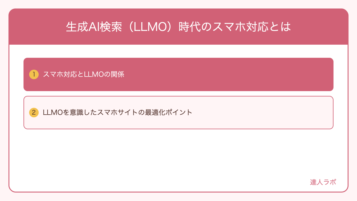 生成AI検索(LLMO)とスマホ対応の関係を示す図解(達人ラボ)