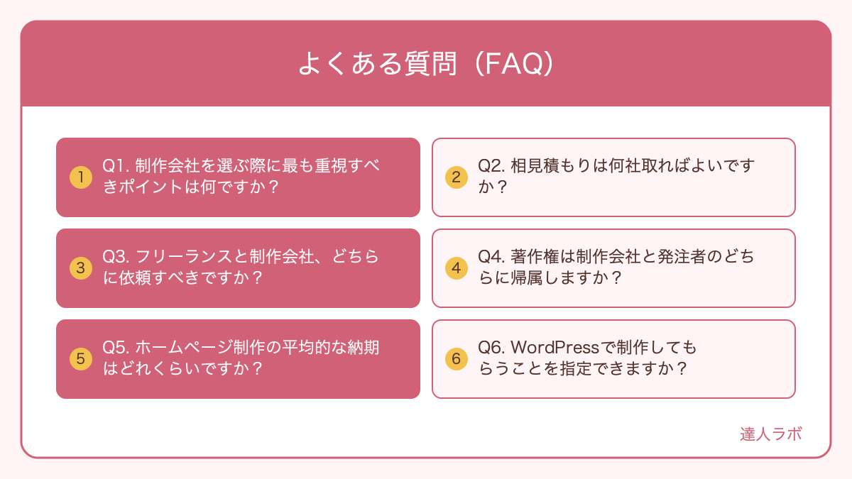 ホームページ制作会社の選び方に関するよくある質問と回答の図解(達人ラボ)