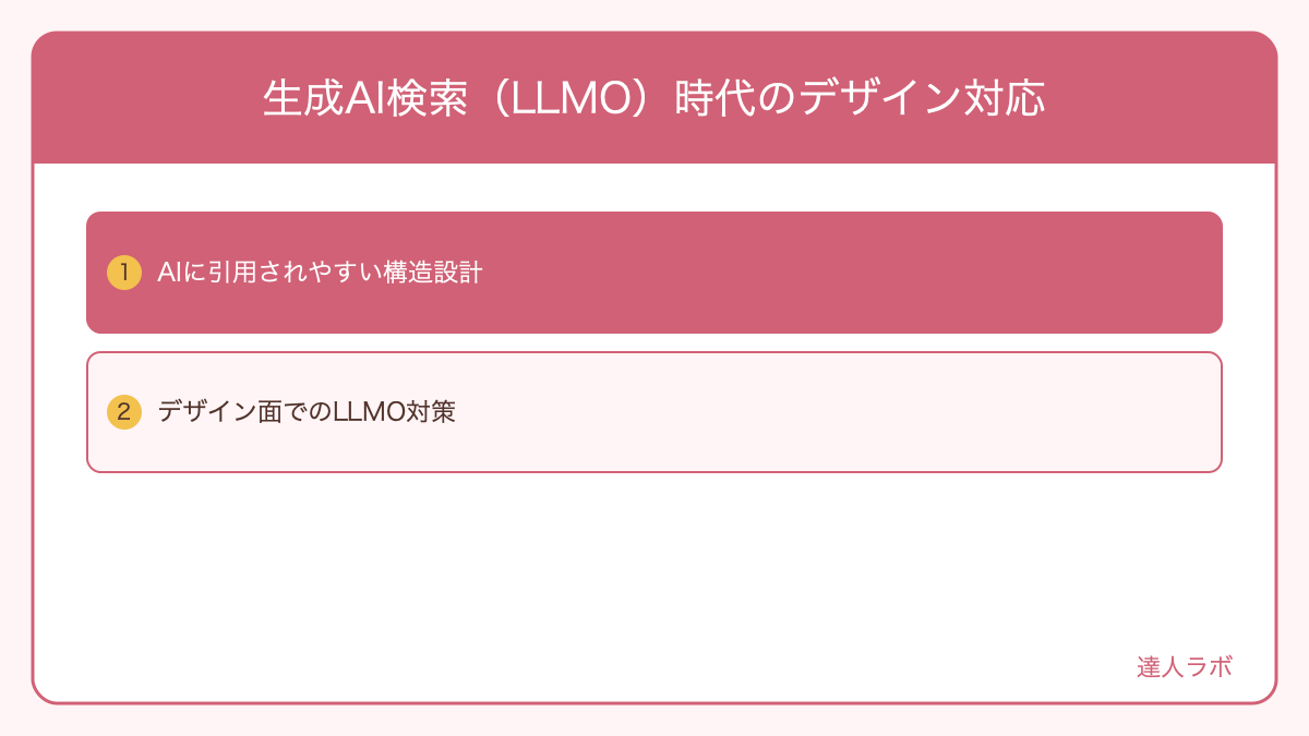 生成AI検索(LLMO)に対応したホームページデザインのポイントを示す図解(達人ラボ)