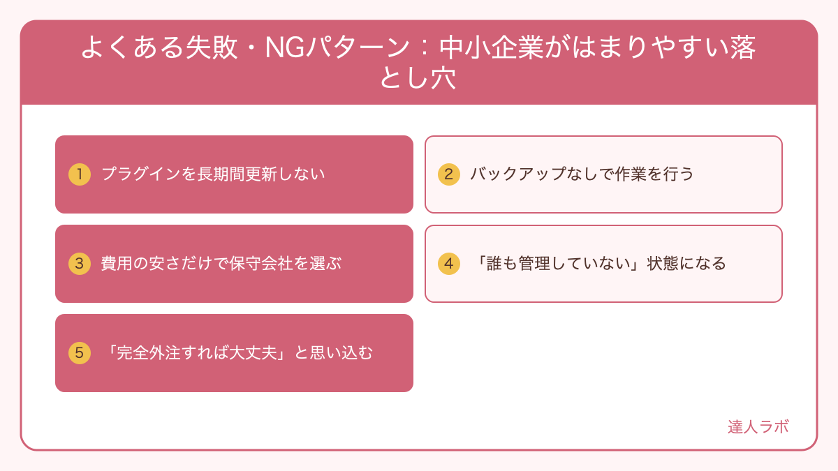 ホームページ保守・運用でよくある失敗パターンを示した図解（達人ラボ）