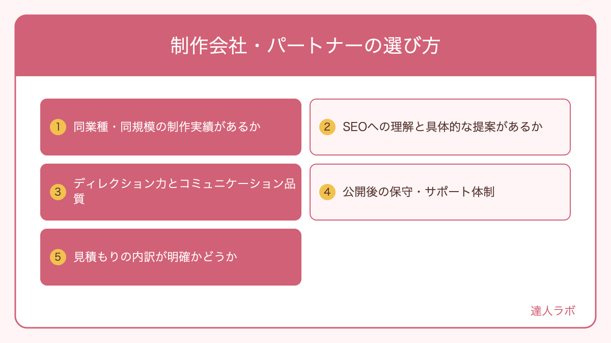 ホームページリニューアルの制作会社選びのポイントを示す図解（達人ラボ）