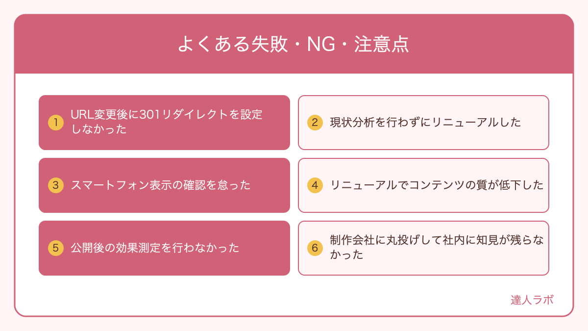 ホームページリニューアルのよくある失敗6パターンを示す図解（達人ラボ）