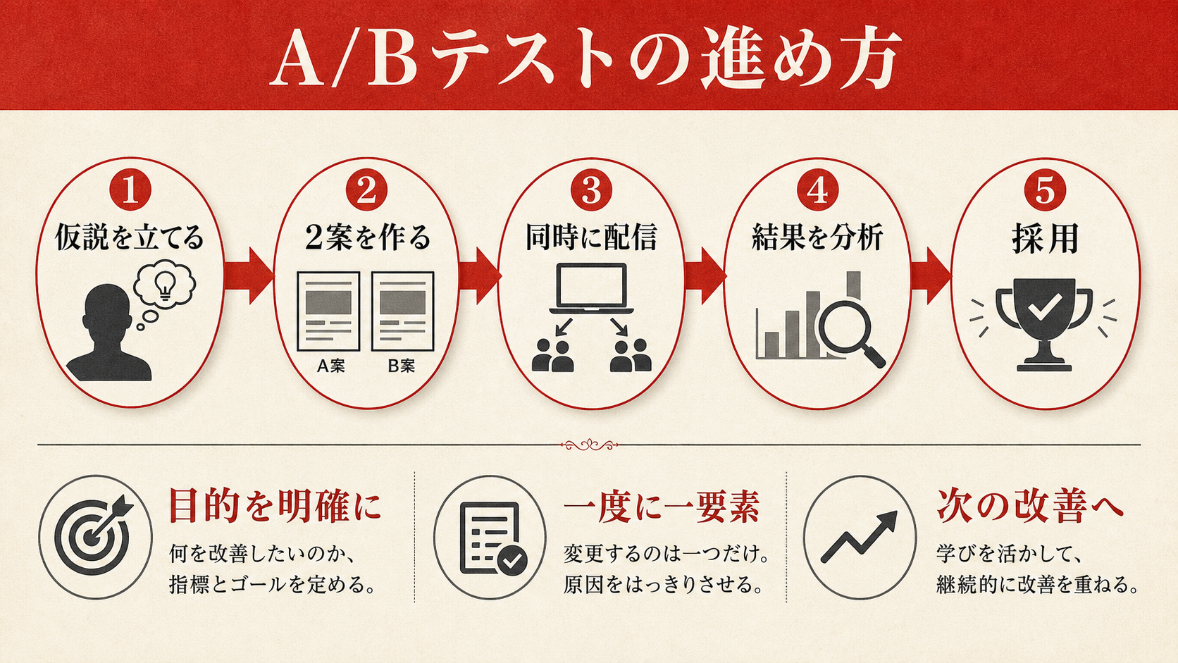 A/Bテストの進め方を示すステップ図(達人ラボ)