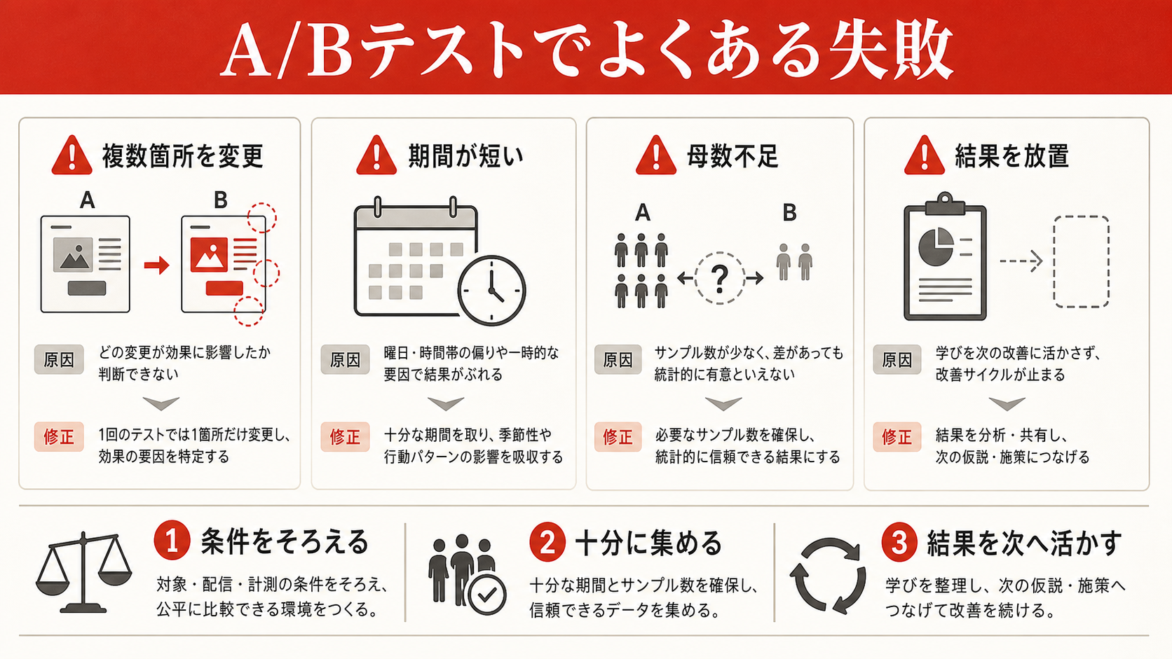 A/Bテストでよくある失敗を示す表(達人ラボ)
