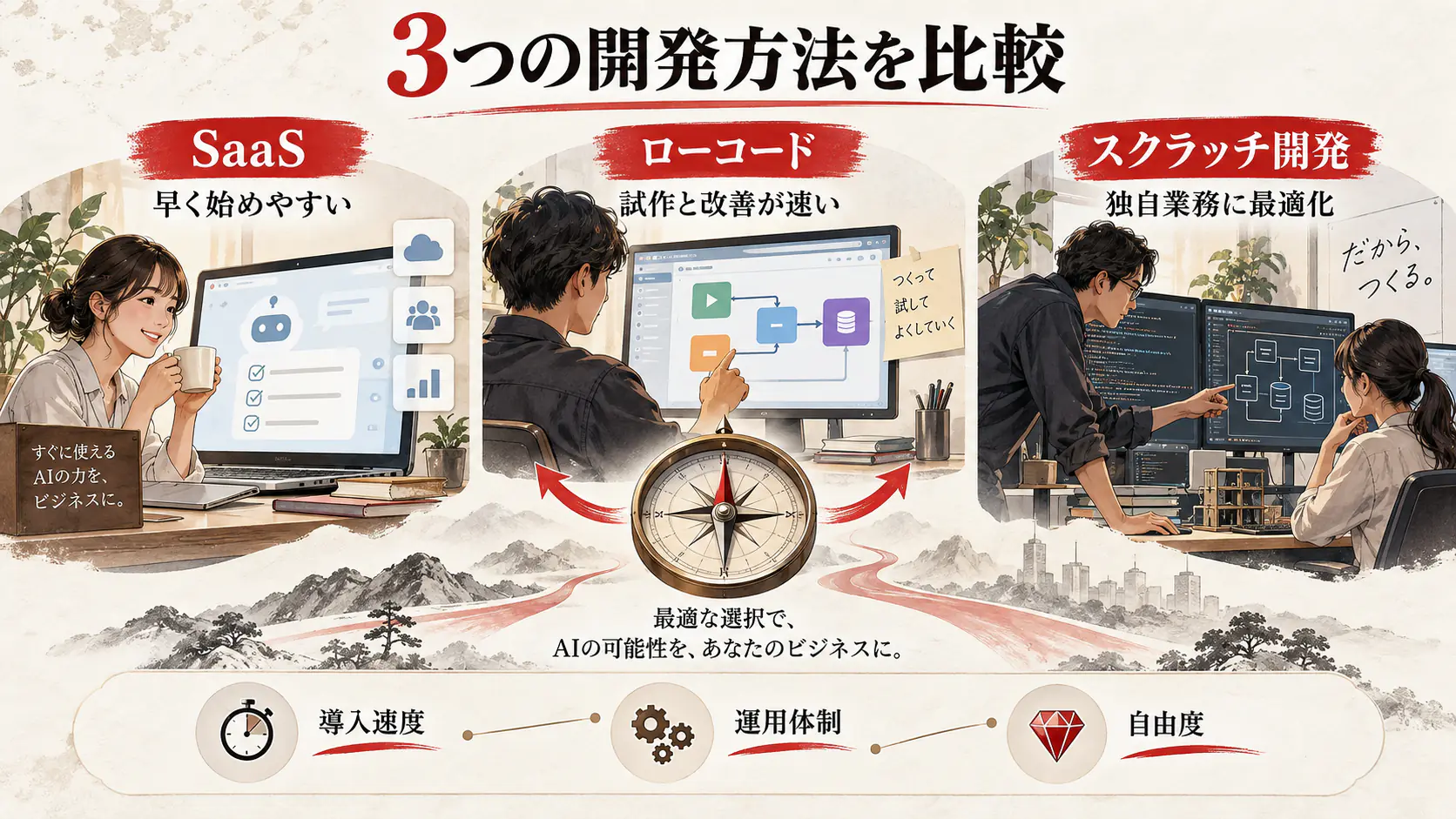 SaaS・ローコード・スクラッチ開発の選び方の図解｜達人ラボ