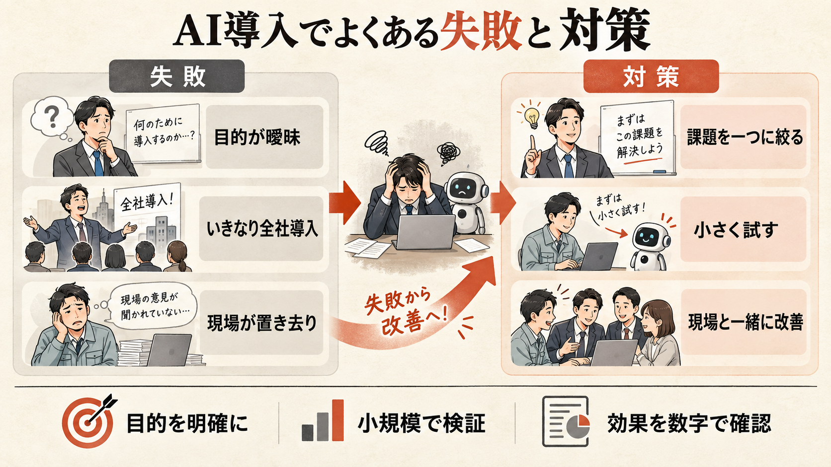 中小企業のAI導入でよくある失敗パターンと対策を整理した図解（達人ラボ）