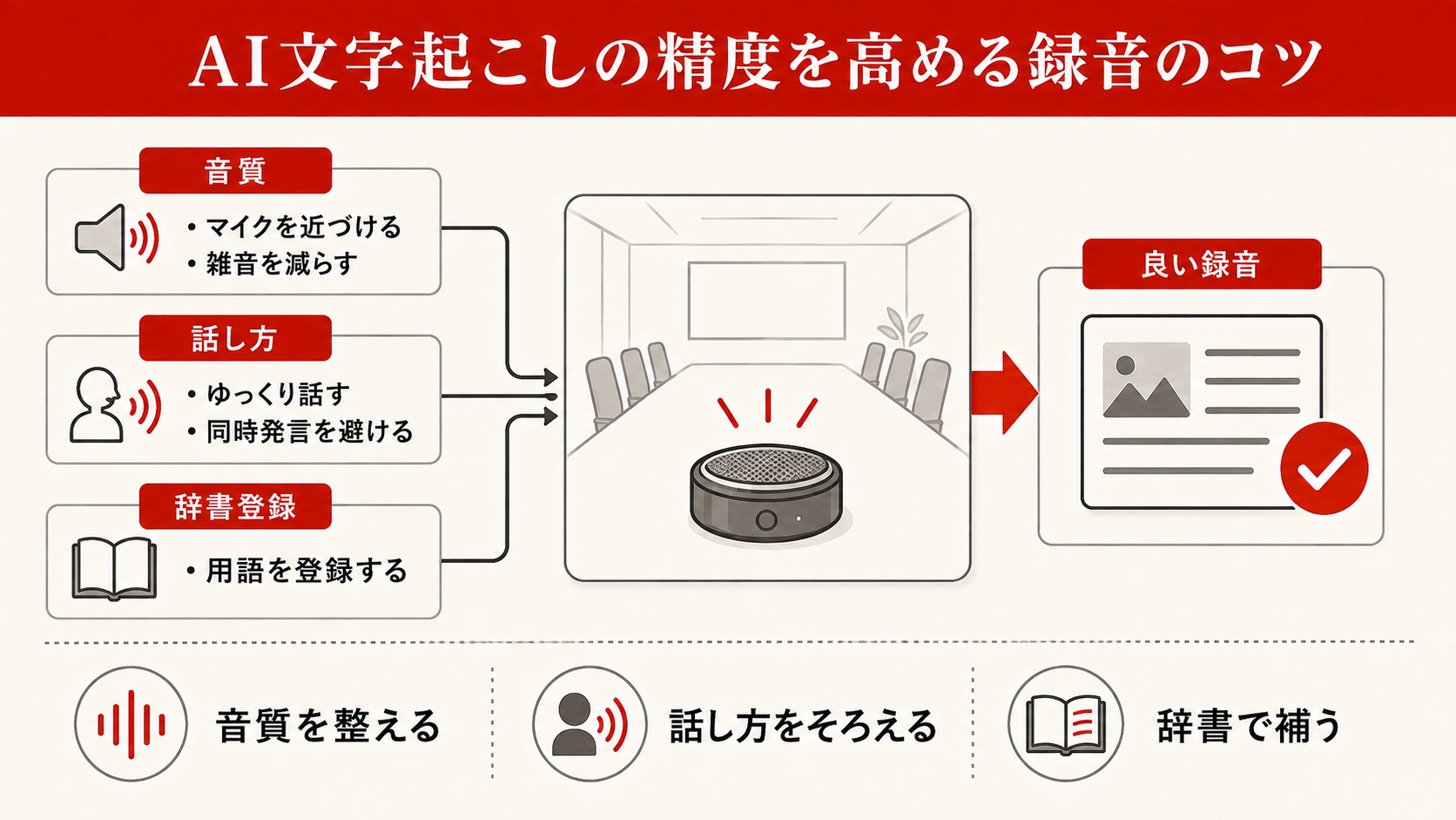 AI文字起こしの精度を高める録音のコツを整理した図解（達人ラボ）