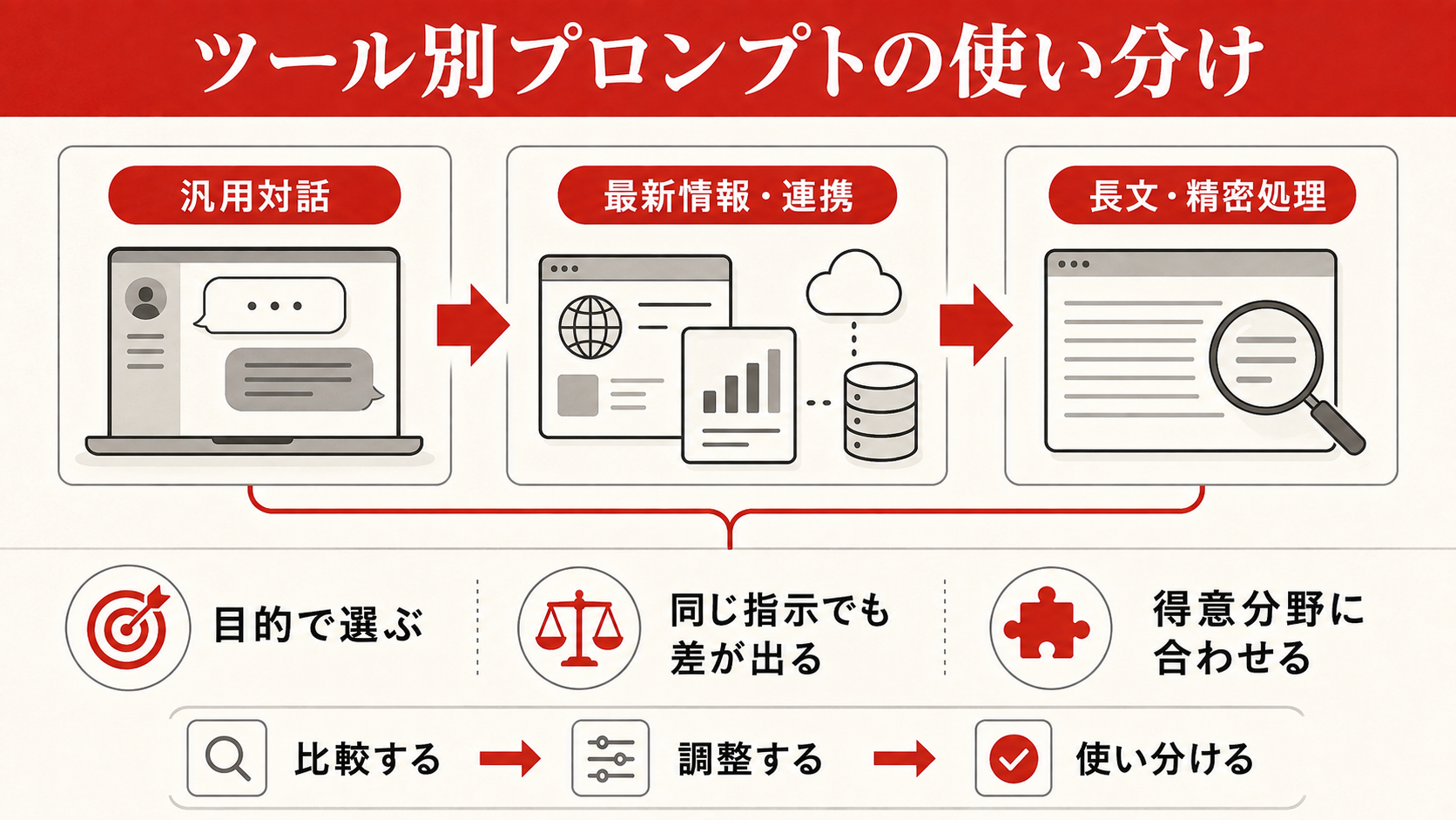 ツール別プロンプトの違いと使い分け(ChatGPT・Gemini・Claude)を整理した図解(達人ラボ)