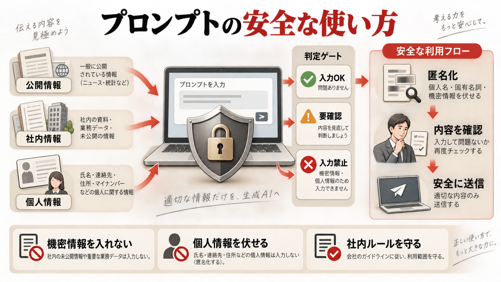 プロンプトのセキュリティ・機密情報の注意点を整理した図解(達人ラボ)