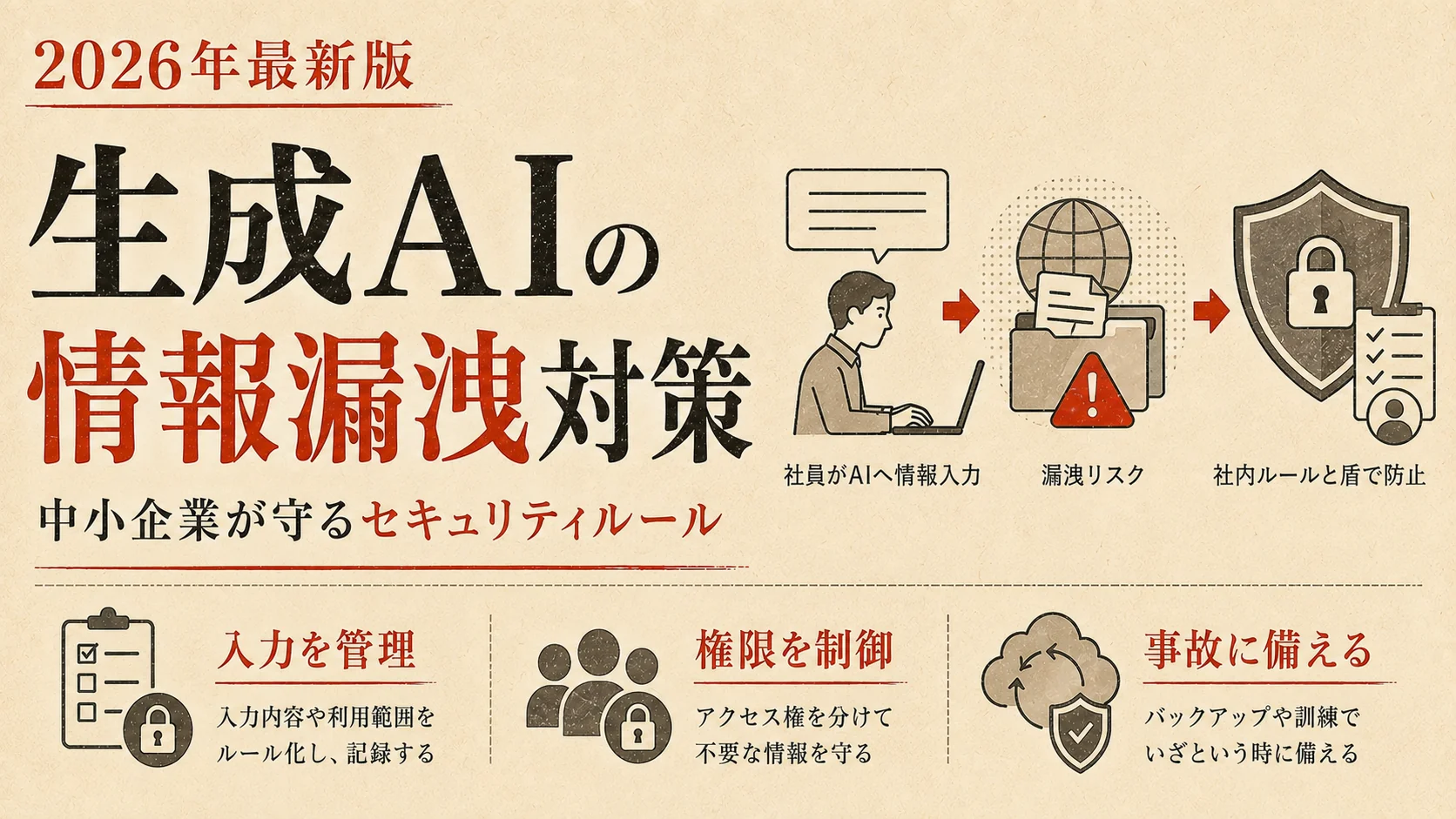 生成AIの情報漏洩対策｜中小企業のルールと社内規程の作り方｜アイキャッチ