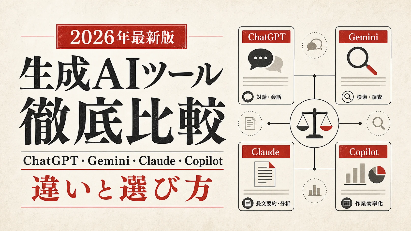 生成AIツール比較｜主要4製品の違いと選び方【2026年版】｜アイキャッチ