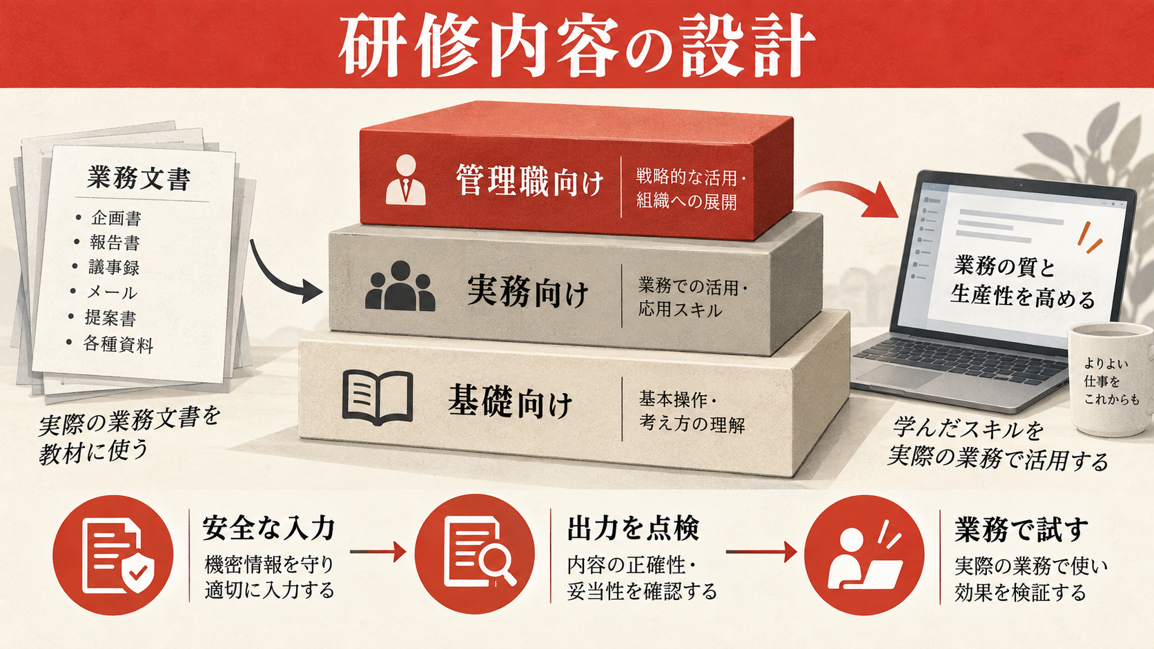 研修内容を基礎・実務・管理職向けに分けるの図解｜達人ラボ