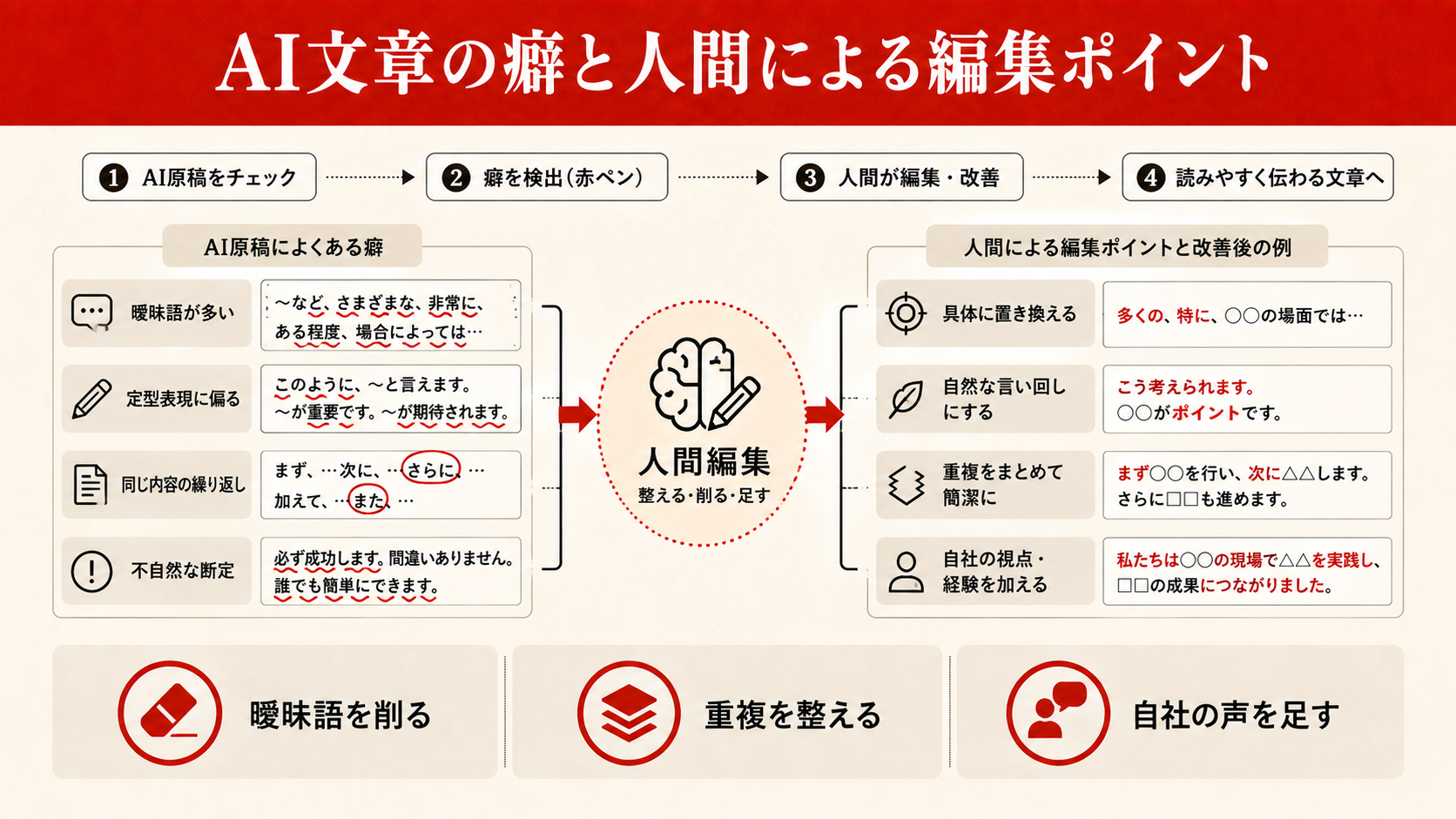 AI文章の癖と人間による編集ポイントを整理した図解（達人ラボ）