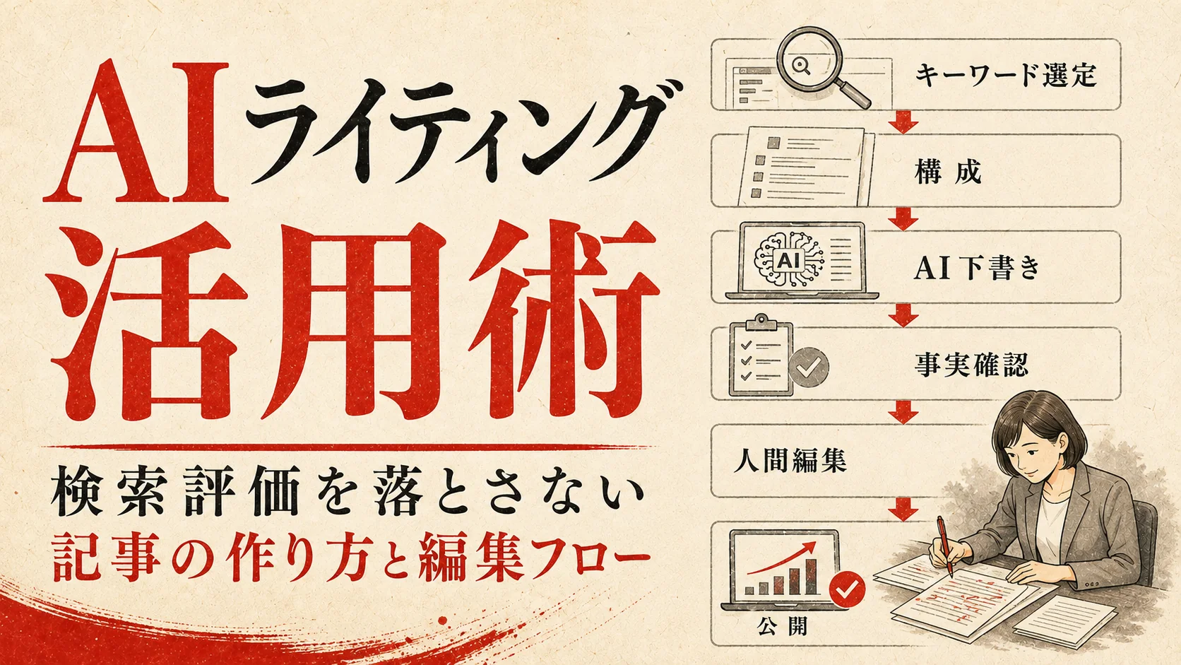 AIライティング活用術｜SEO評価を守る記事制作フロー【2026年版】｜アイキャッチ