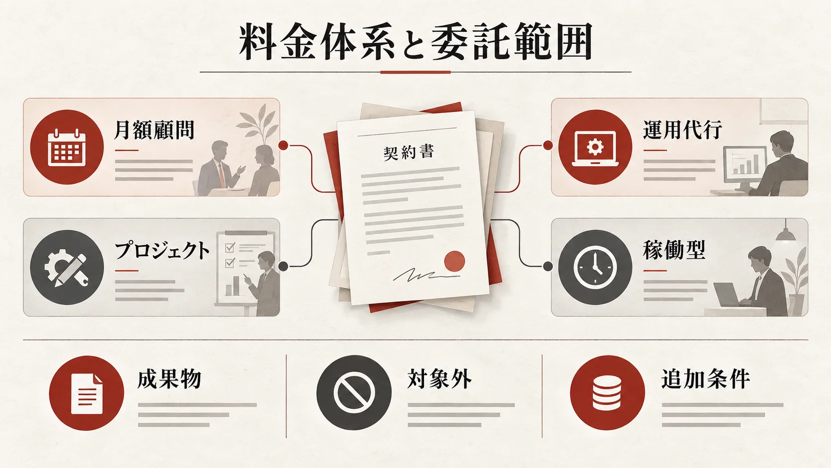 料金体系と委託範囲の違いの図解|達人ラボ