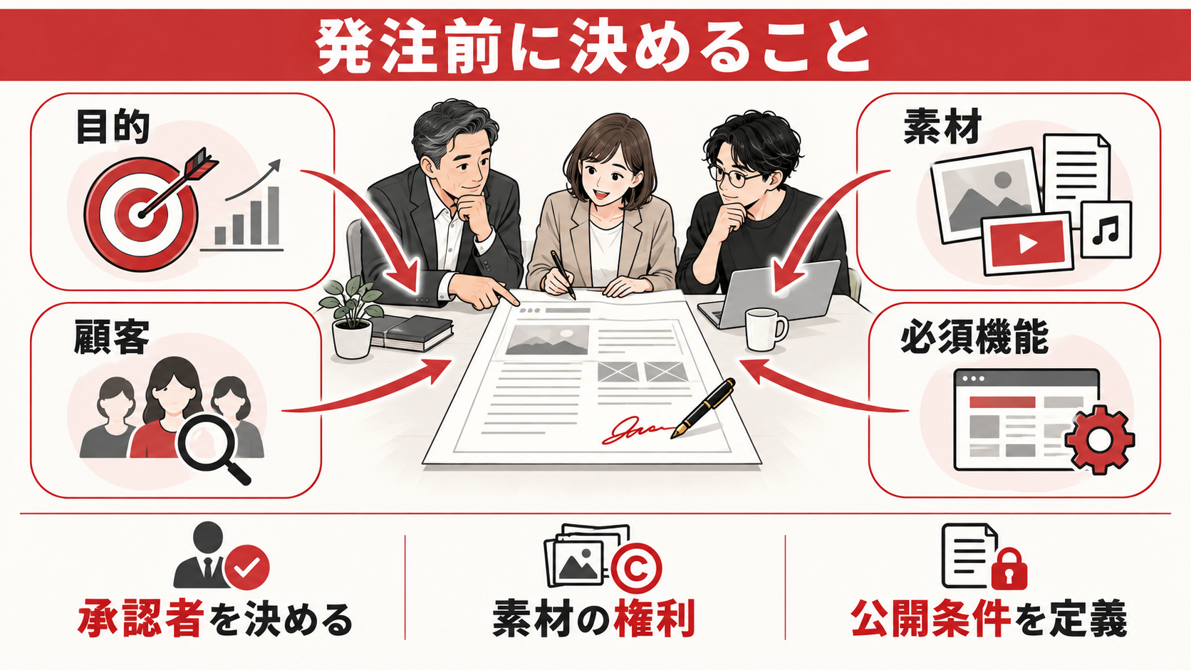 発注前に決めるべきことの図解｜BtoB企業のホームページ制作費用｜必要なページと見積もりの比較ポイント