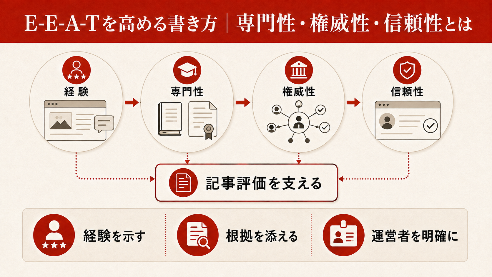 E-E-A-Tの経験・専門性・権威性・信頼性を整理した図解