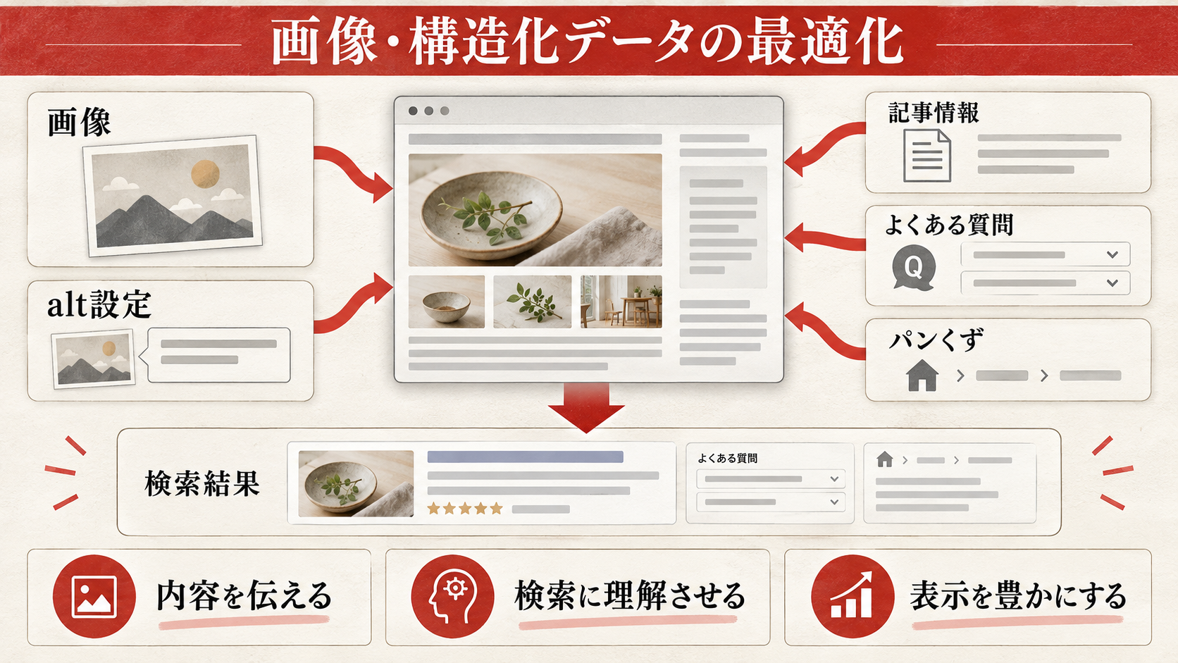 画像のalt設定と構造化データの種類を示す図解(達人ラボ)