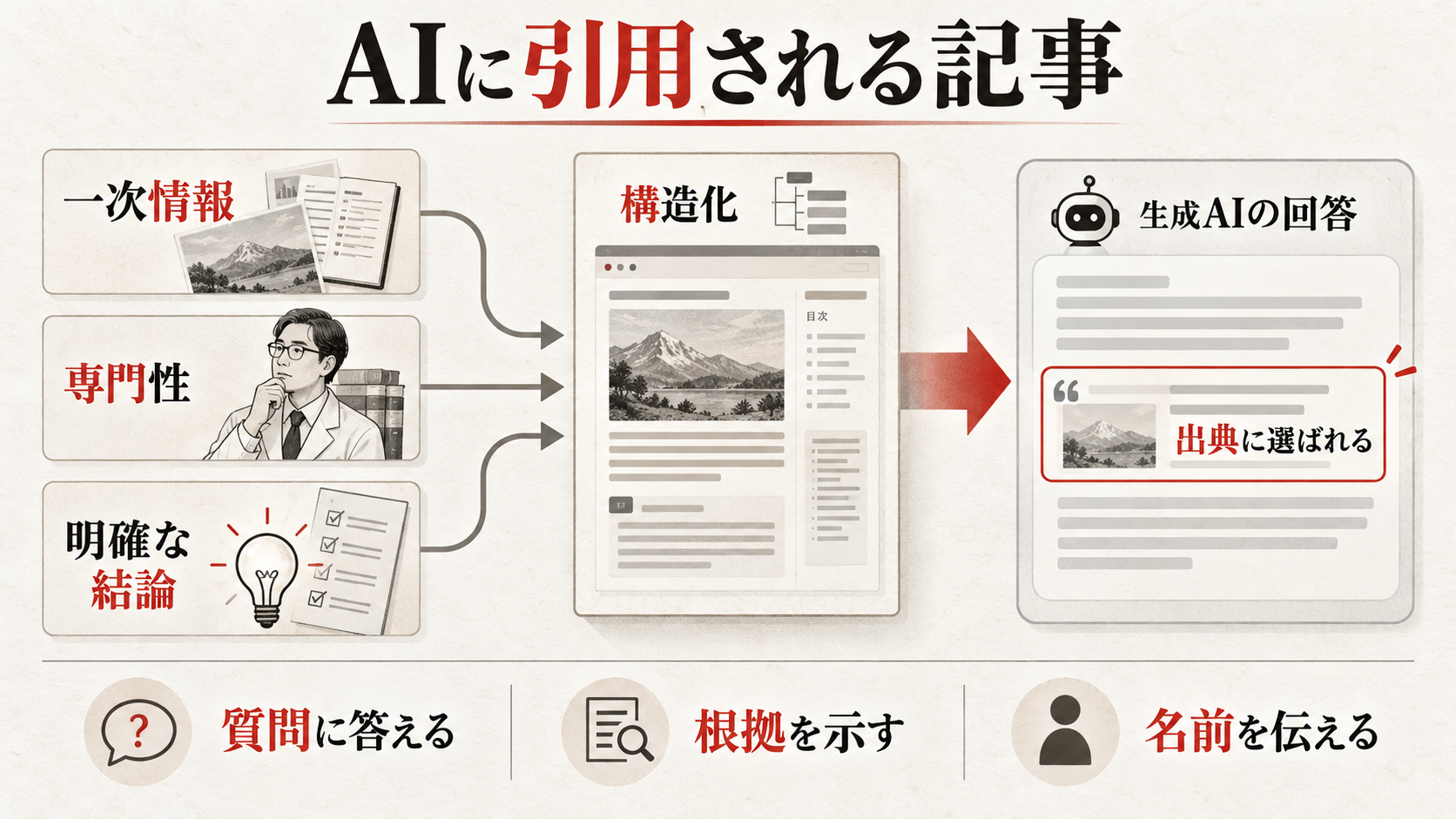 LLMO対応記事の設計ポイントを示す図解(達人ラボ)