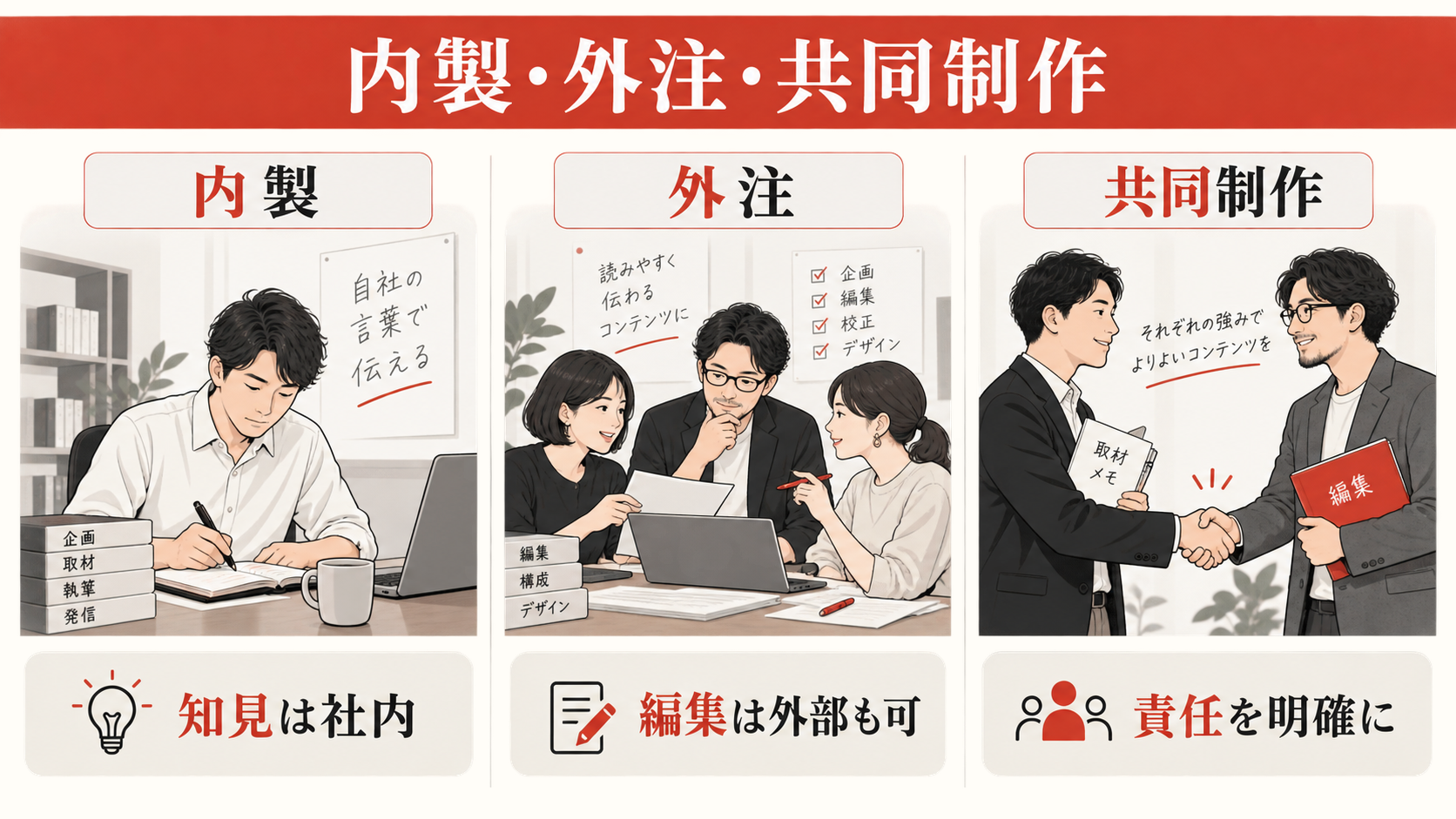内製・外注・共同制作を比較するの図解｜コンテンツSEOの外注費用｜記事制作・戦略設計・運用の料金を比較