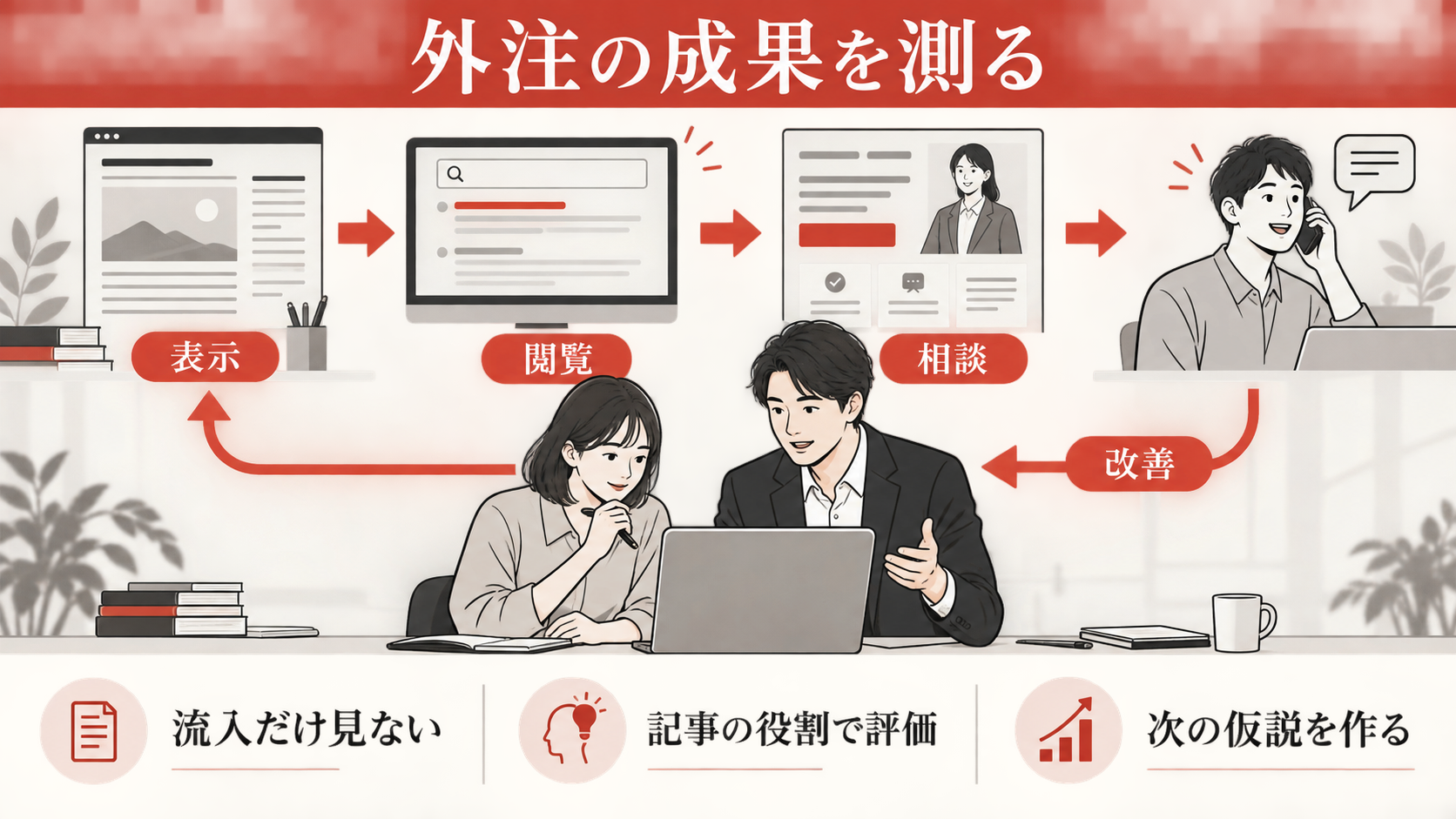 外注の成果をどう測るかの図解｜コンテンツSEOの外注費用｜記事制作・戦略設計・運用の料金を比較