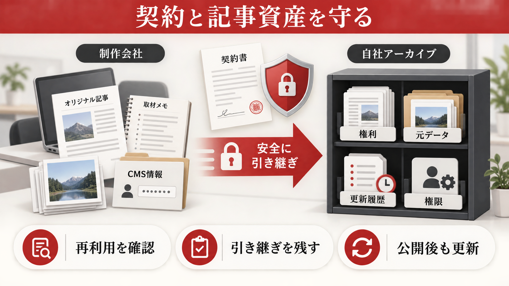 契約前後の運用と権利を確認するの図解｜コンテンツSEOの外注費用｜記事制作・戦略設計・運用の料金を比較