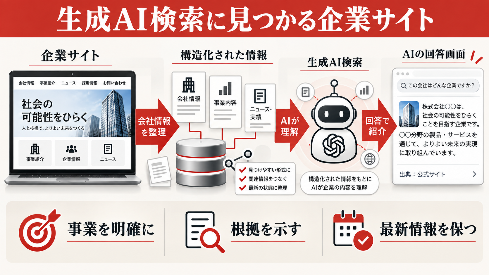 生成AI検索（LLMO）でコーポレートサイトが引用される仕組みを示した図解（達人ラボ）