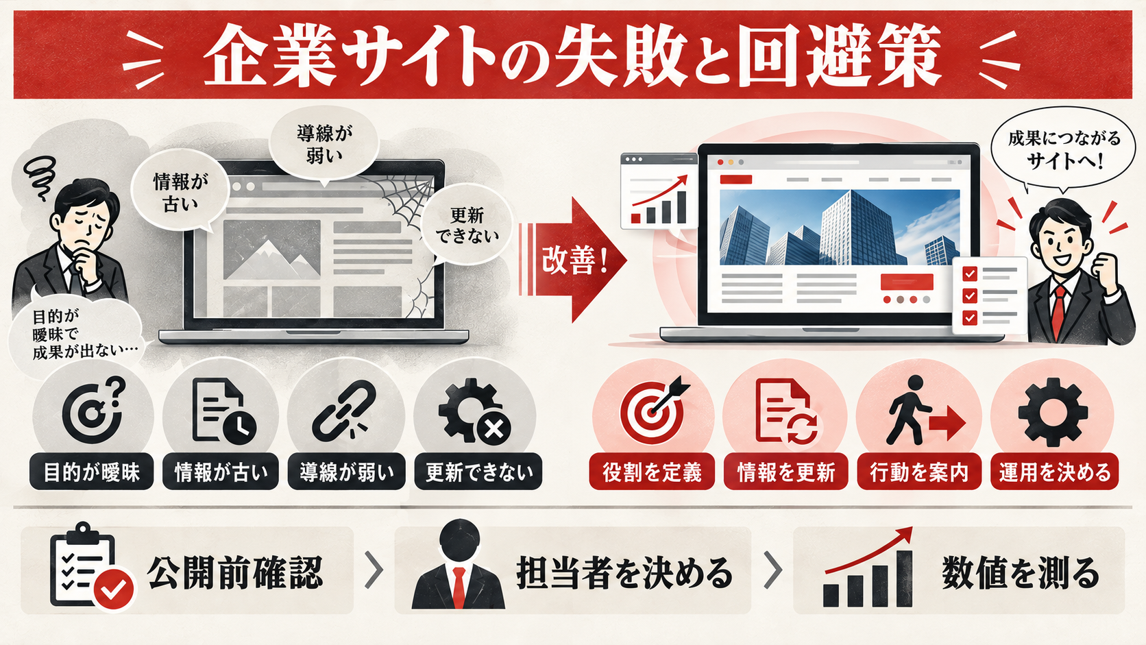コーポレートサイト制作でよくある失敗パターンを示した図解（達人ラボ）