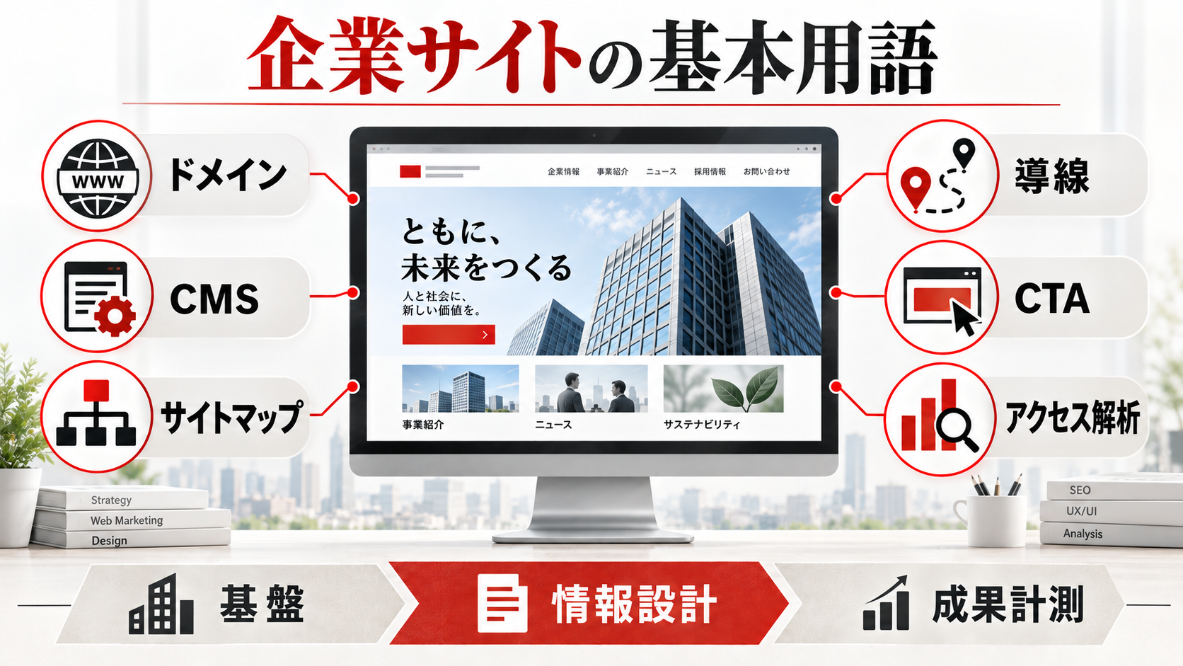 コーポレートサイト制作に関連する専門用語を解説した図解（達人ラボ）